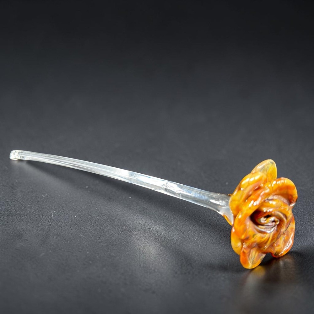 Handmade USA Art Glass Rose Amber Orange Swirl Long Stem 9 Inch Flower VTG